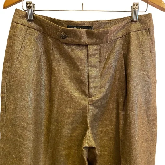 Lauren by Ralph Lauren Women’s Linen Metallic Gold Pants sz 8 - Picture 2 of 15